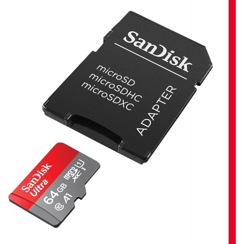 SD Memory Card MICRO 64GB Sandisk Ultra Sdxc Velocità Fino A 140 Mb/S, Prestazioni Dell'App A1, Uhs-I, Classe 10, U1, Rosso Gri