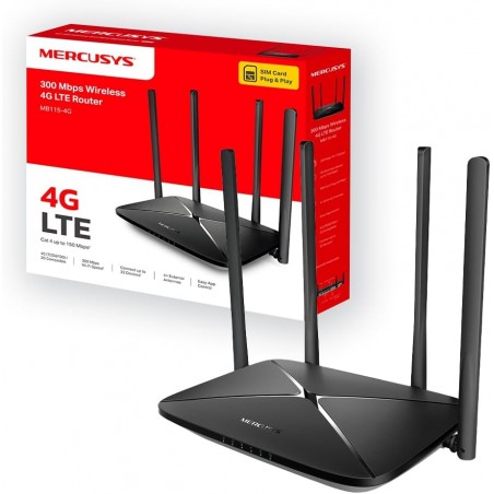 ROUTER Mercusys TP-Link MB115-4G Router WiFi con Sim, 4 Antenne Ad Alto Guadagno, 4G LTE Wireless 300Mbps, 3 Porte LAN+1 Porta 