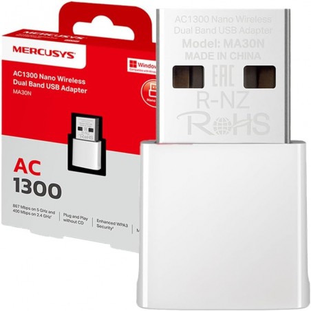 Mercusys TP-Link MA30N Adattatore WiFi USB, AC1300Mbps, Scheda di Rete, Nano Scheda, Dual Band, USB 2.0, WPA3, Plug & Play, Win